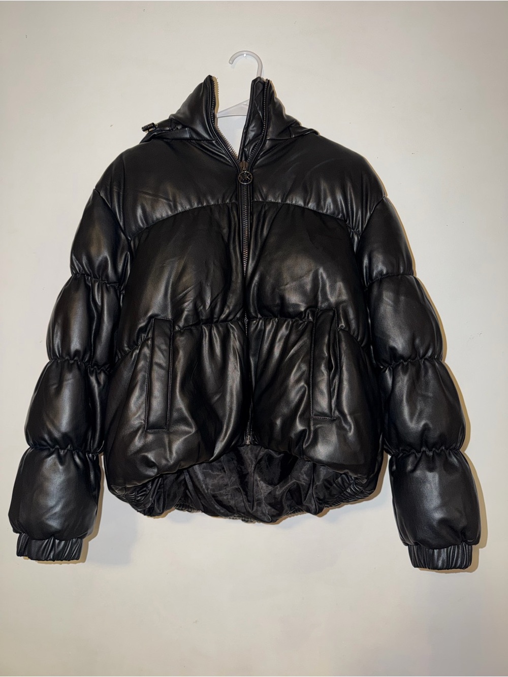 Michael Kors Black Faux Leather Puffer Jacket with Hood